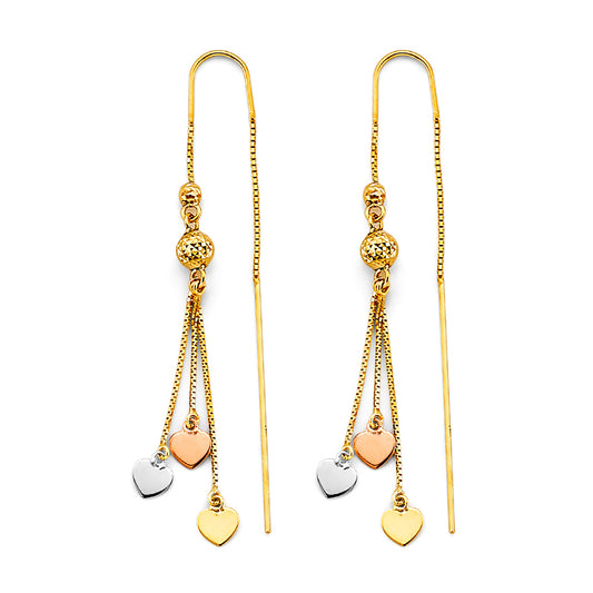 14K Tri-Color Gold Triple Heart Threader Dangle Earrings