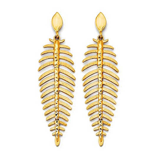 14K Yellow Gold Diamond-Cut Leaf Drop Earrings 2" tall