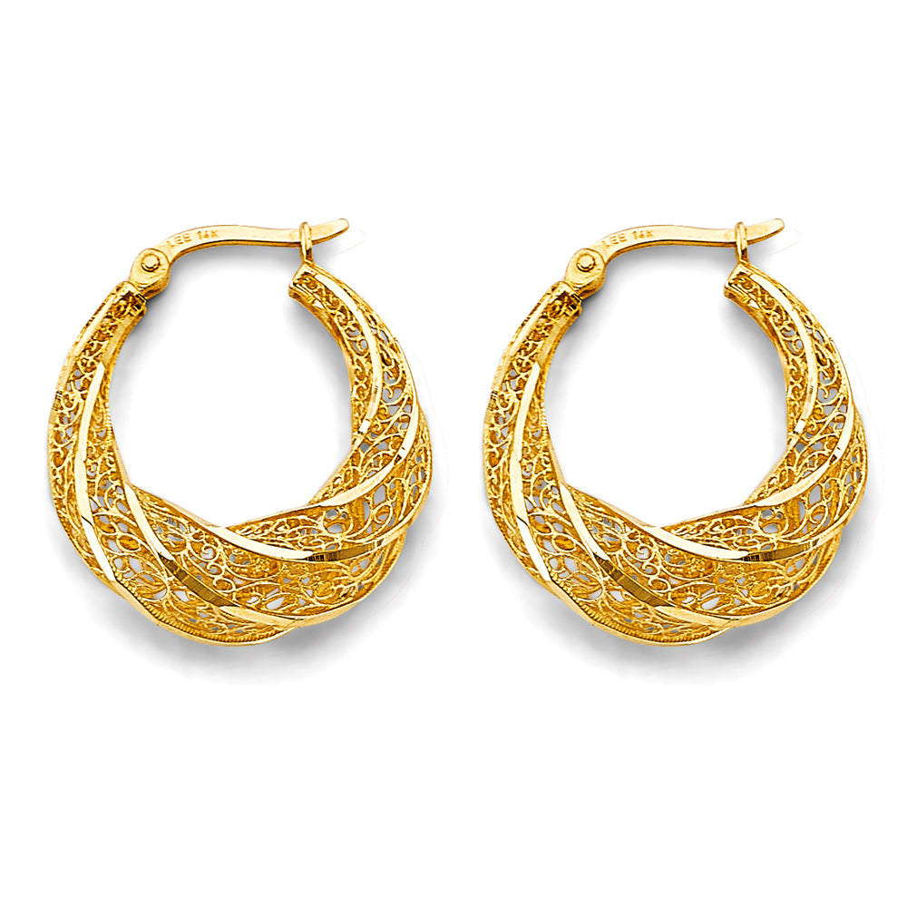 14K Yellow Gold Twisted Filigree Hoop Earrings 1' tall