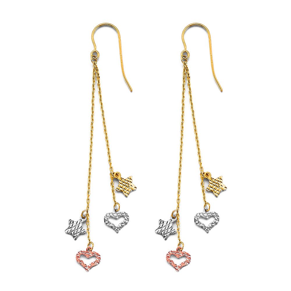 14K Tri-Color Gold Star & Heart Dangle Earrings