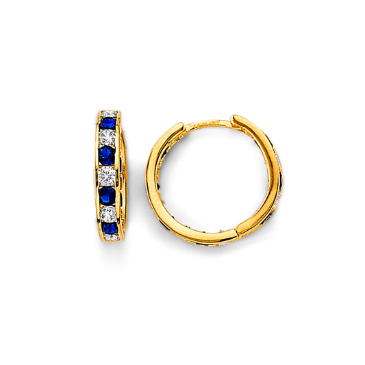 14K Yellow Gold Alternating Blue and White CZ Hoop Earrings aprox 1/2" in diameter