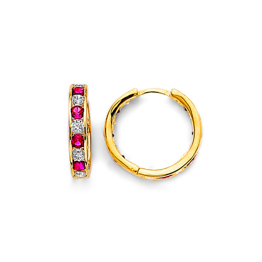 14K Yellow Gold Alternating Red and White CZ Hoop Earrings aprox 1/2" in diameter