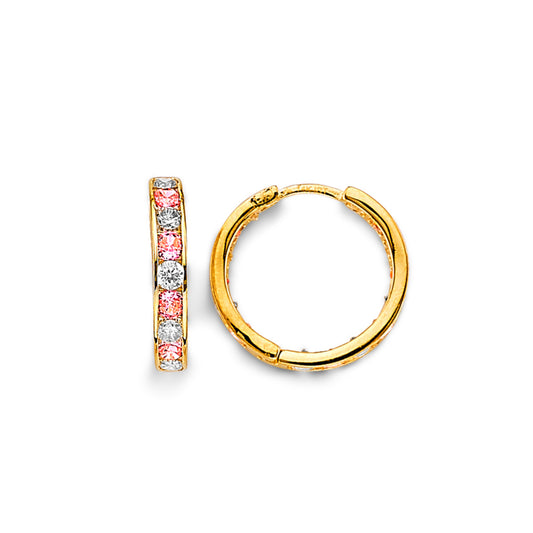 14K Yellow Gold Alternating pink and White CZ Hoop Earrings aprox 1/2" in diameter