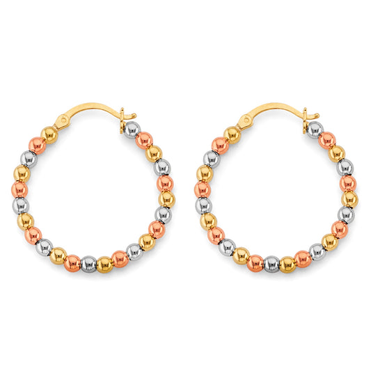 14K Tri-Color Gold Faceted Bead Hoop Earrings aprox 1 1/4" in diameter