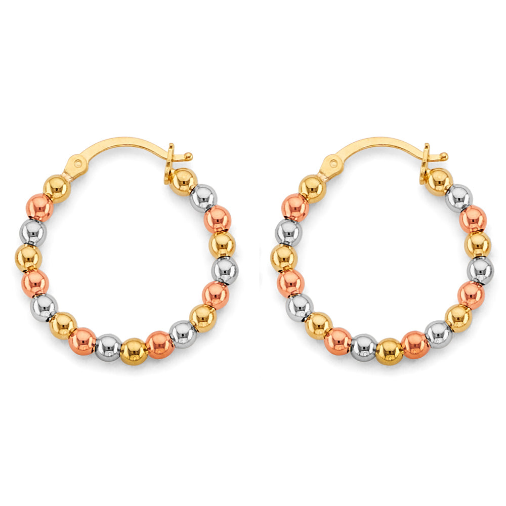 14K Tri-Color Gold Faceted Bead Hoop Earrings aprox 1" in diameter