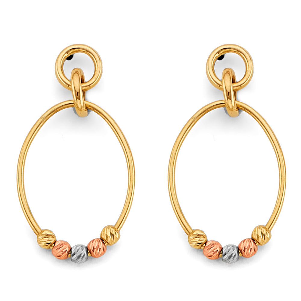 14K Tri-Color Gold Hoop Earrings with Diamond-Cut Beads aprox 1 1/4" tall