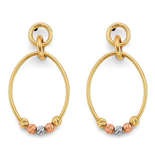14K Tri-Color Gold Hoop Earrings with Diamond-Cut Beads aprox 1 1/4" tall