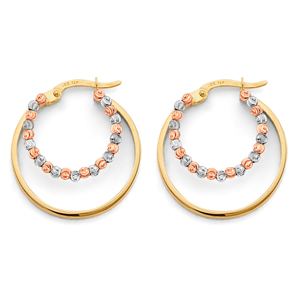 14K Two-Tone Gold Hoop Earrings with Tri-Color Diamond-Cut Beads aprox 3/4" in diameter