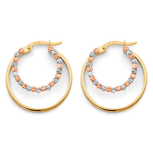 14K Two-Tone Gold Hoop Earrings with Tri-Color Diamond-Cut Beads aprox 3/4" in diameter