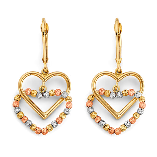 14K Tri-Color Gold Heart Dangle Earrings with Diamond-Cut Beads aprox 1 1/2" tall