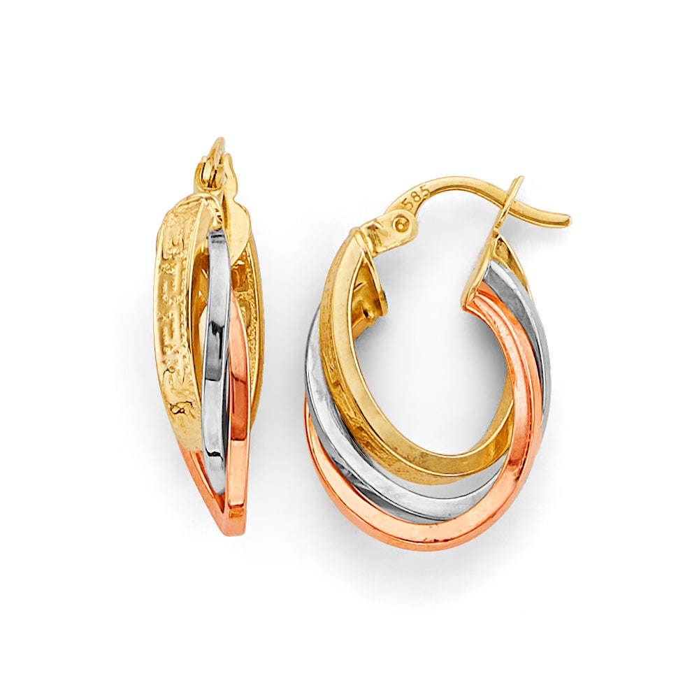 14K Tri-Color Gold Hammered & High-Polished Twisted Hoop Earrings aprox 3/4" tall