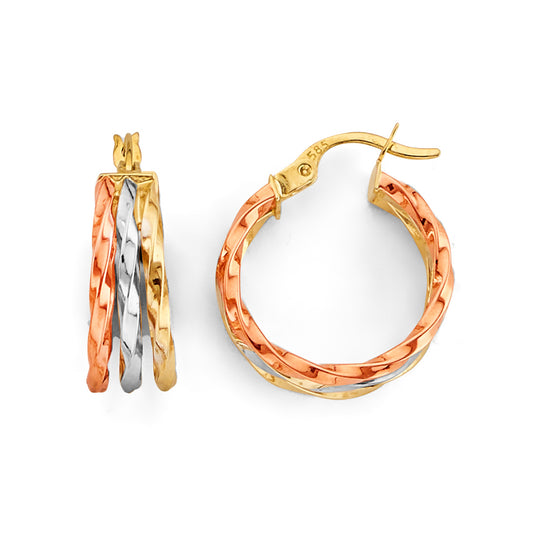14K Tri-Color Gold Textured Twisted Hoop Earrings aprox 3/4" tall