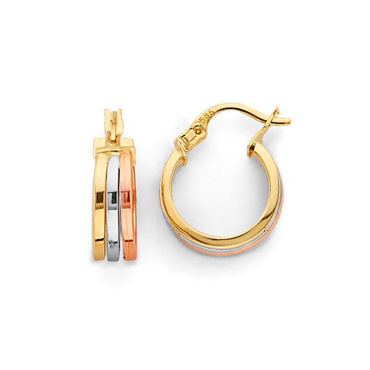 14K Tri-Color Gold High-Polished Triple-Band Hoop Earrings aprox 1/2" tall