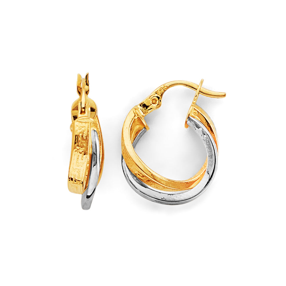 14K Two-Tone Gold Hammered & High-Polished Twisted Hoop Earrings 3/4" tall