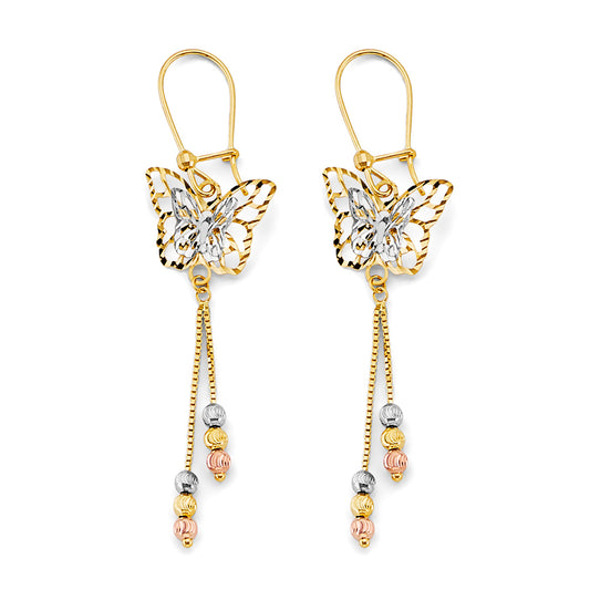 14K Tri-Color Gold Butterfly Filigree Dangle Earrings