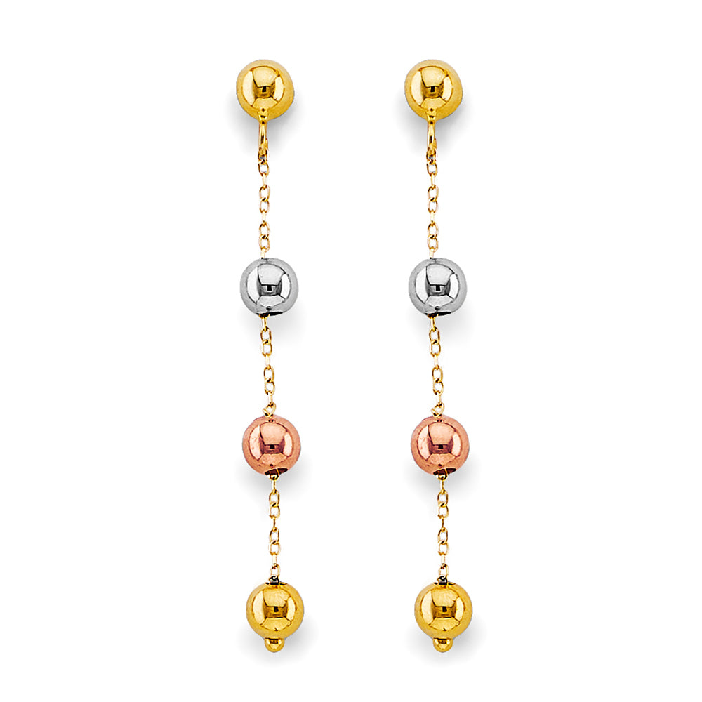 14K Tri-Color Gold Beaded Dangle Earrings