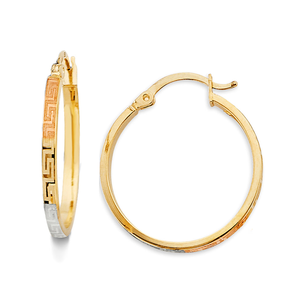 14K Tri-Color Gold Greek-Key Design Hoop Earrings aprox 3/4" in diameter