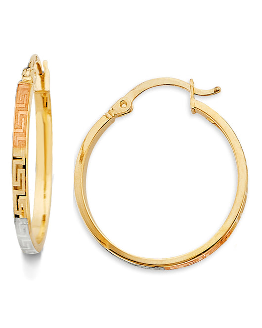 14K Tri-Color Gold Greek-Key Design Hoop Earrings aprox 3/4