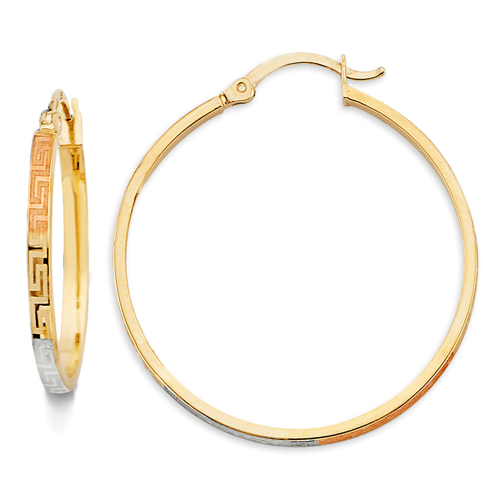 14K Tri-Color Gold Greek-Key Design Hoop Earrings aprox 1 1/4" in diameter