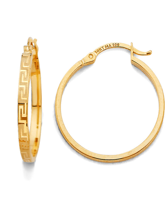 14K Yellow Gold Greek-Key Design Hoop Earrings aprox 3/4