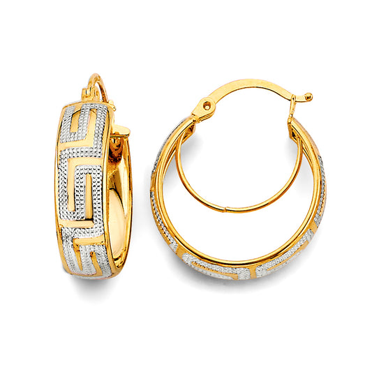 14K Two-Tone Gold Greek-Key Fancy Hoop Earrings aprox 3/4" in diameter