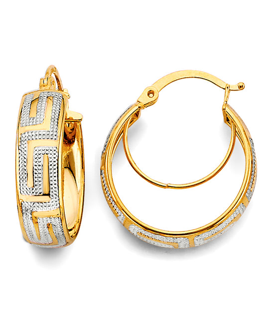 14K Two-Tone Gold Greek-Key Fancy Hoop Earrings aprox 3/4