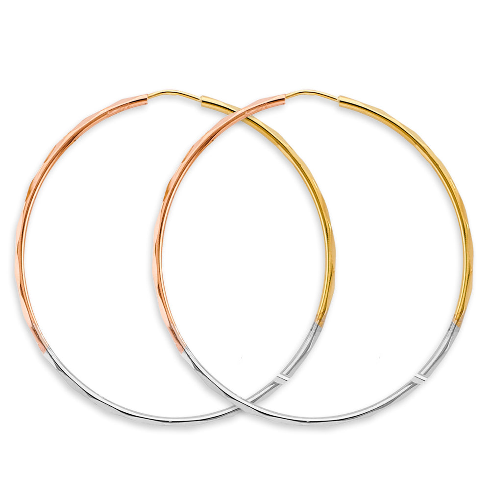 14K Tri-Color Gold Diamond-Cut Hoop Earrings 1.5mm thick aprox 2" in diameter