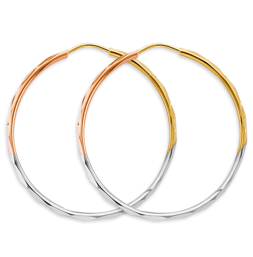 14K Tri-Color Gold Diamond-Cut Hoop Earrings 1.5mm thick aprox 1.5" in diameter