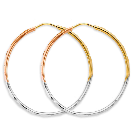 14K Tri-Color Gold Diamond-Cut Hoop Earrings 1.5mm thick aprox 1.5" in diameter