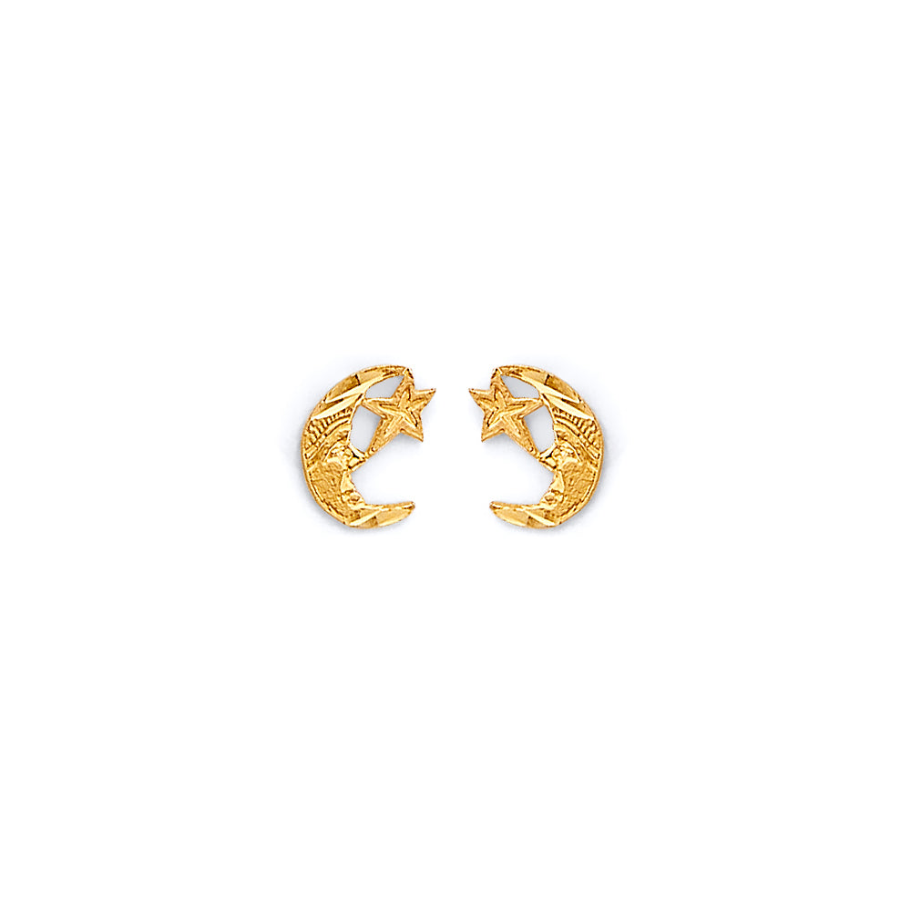 14K Yellow Gold Moon and Star Studs
