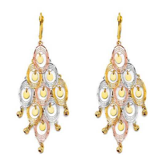 14K Tri-Color Gold Women’s Multi-Disc Dangle Earrings aprox 2 3/4" tall