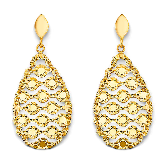 14K Yellow Gold Women’s Diamond-Cut Teardrop Dangle Earrings aprox 1 1/2" tall