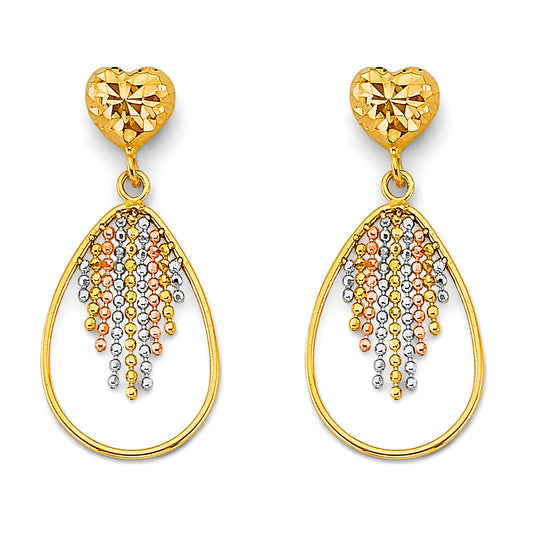 14K Tri-Color Gold Women’s Beaded Teardrop Dangle Earrings aprox 1 1/4" tall
