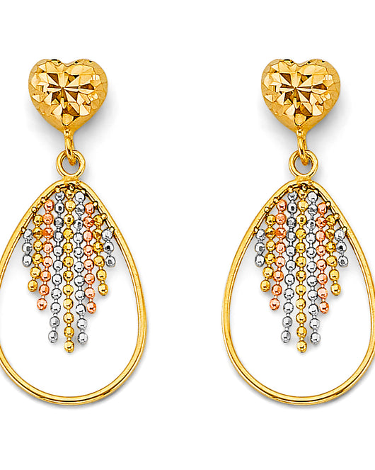 14K Tri-Color Gold Women’s Beaded Teardrop Dangle Earrings aprox 1 1/4