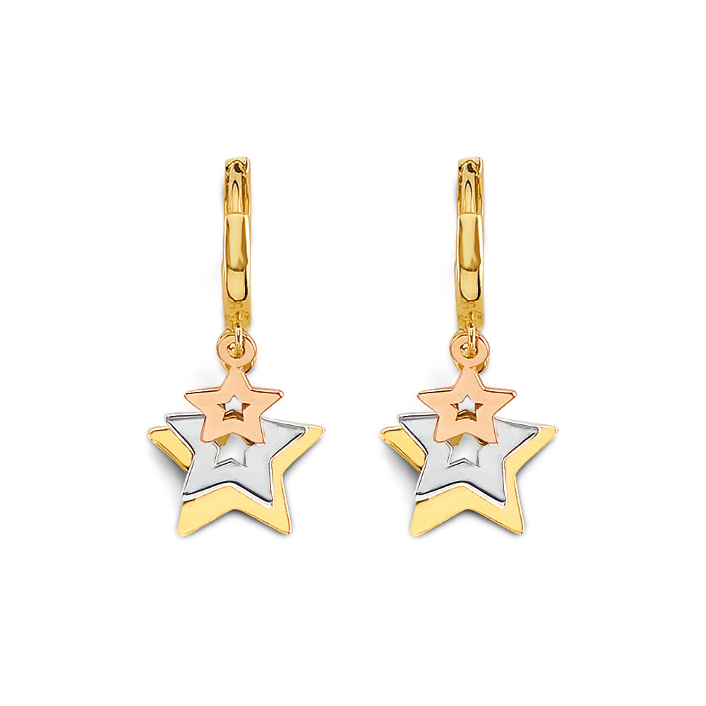 14K Tri-Color Gold Triple Star Dangle Earrings 1" tall