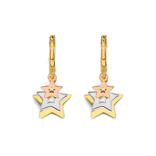 14K Tri-Color Gold Triple Star Dangle Earrings 1" tall