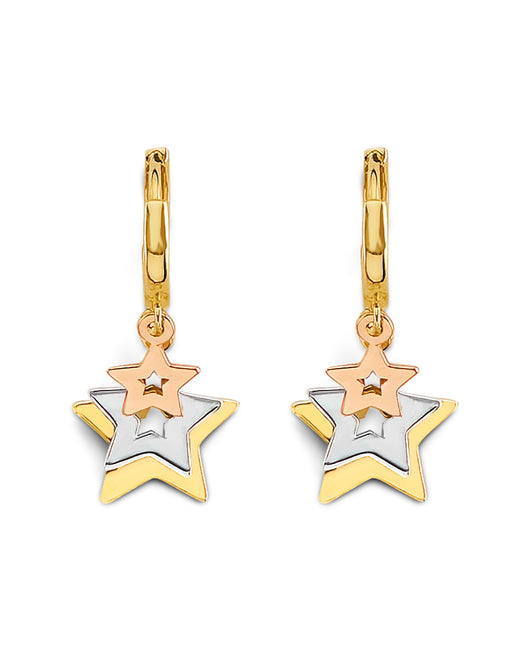 14K Tri-Color Gold Triple Star Dangle Earrings 1