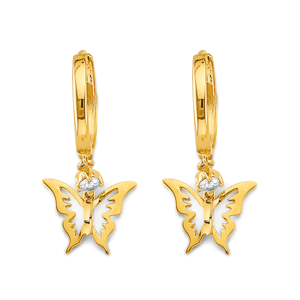 14K Yellow Gold Butterfly Dangle Earrings 1" tall