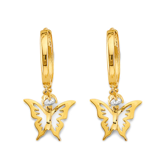 14K Yellow Gold Butterfly Dangle Earrings 1" tall