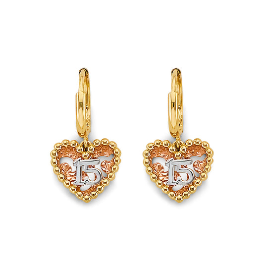 14K Tri-Color Gold Quinceañera Heart Earrings 3/4" tall