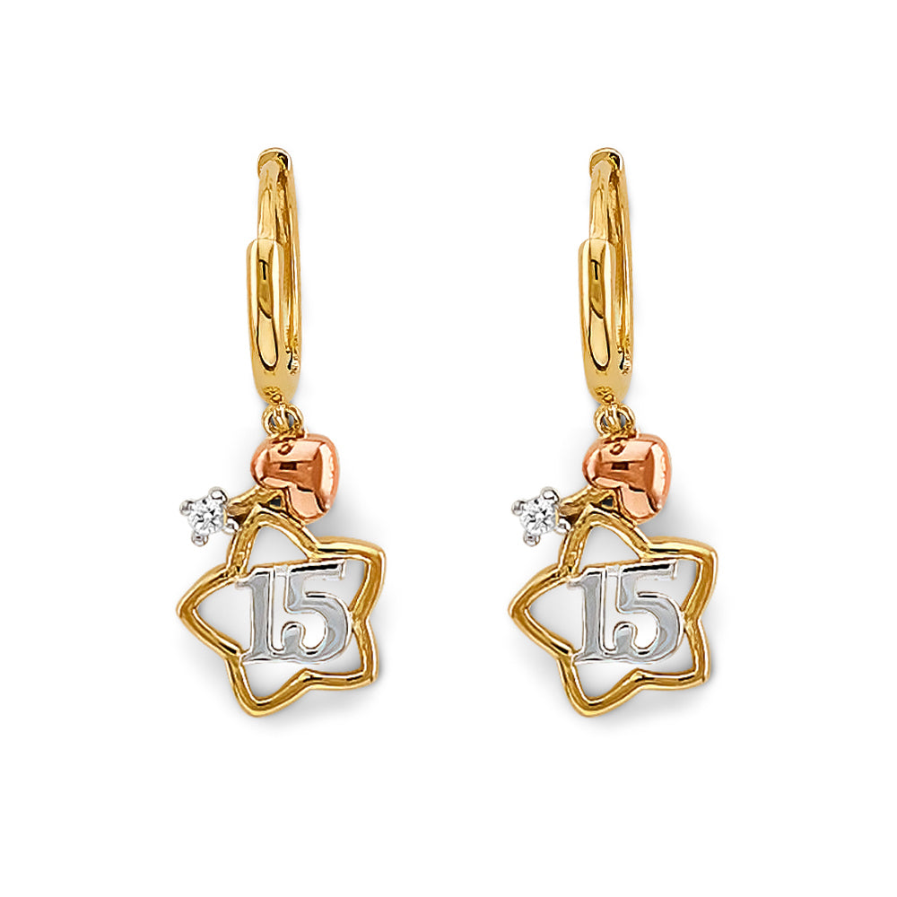 14K Tri-Color Gold Quinceañera Star Earrings 1" tall