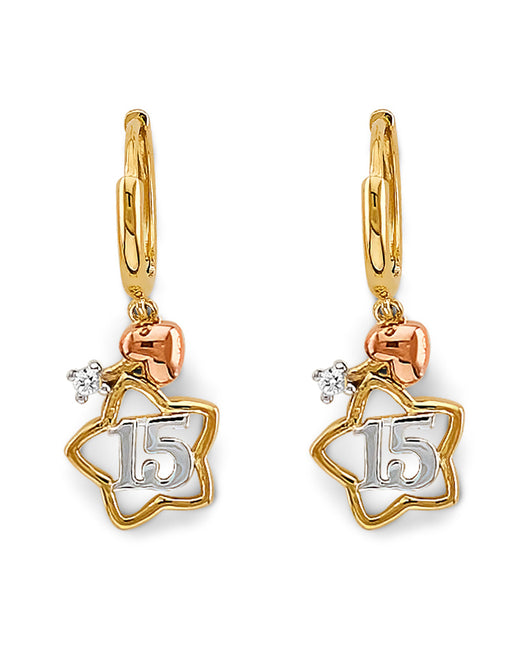 14K Tri-Color Gold Quinceañera Star Earrings 1