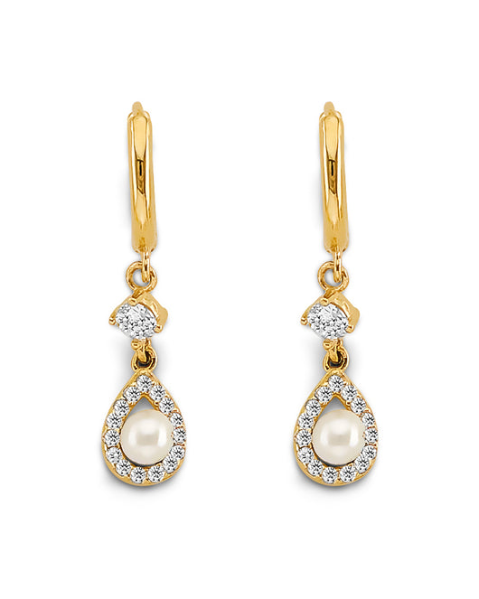14K Yellow Gold Pearl & CZ Teardrop Dangle Earrings 1