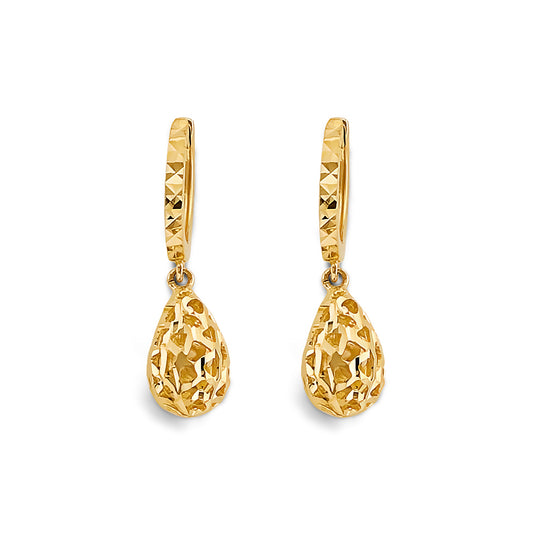 14K Yellow Gold Diamond-Cut Teardrop Dangle Earrings 1" tall
