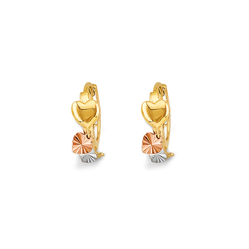 14K Tri-Color Gold Diamond-Cut Heart Earrings 1/2" tall