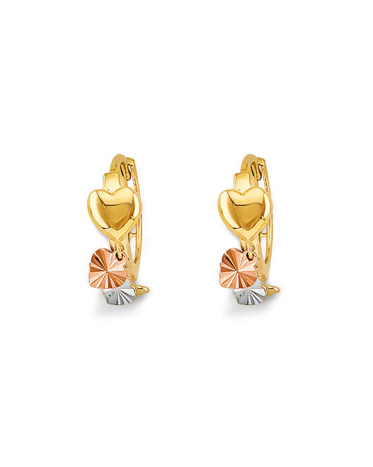 14K Tri-Color Gold Diamond-Cut Heart Earrings 1/2