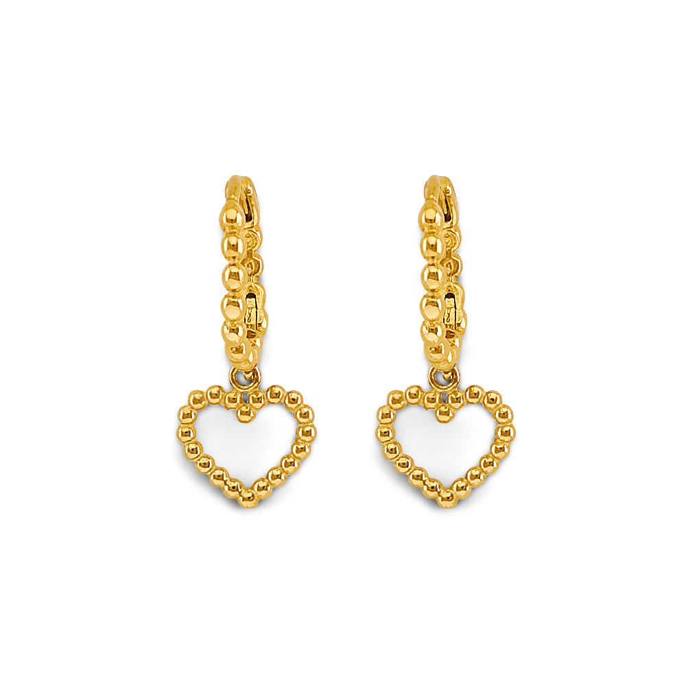 14K Yellow Gold Beaded Heart Dangle Earrings 3/4" tall