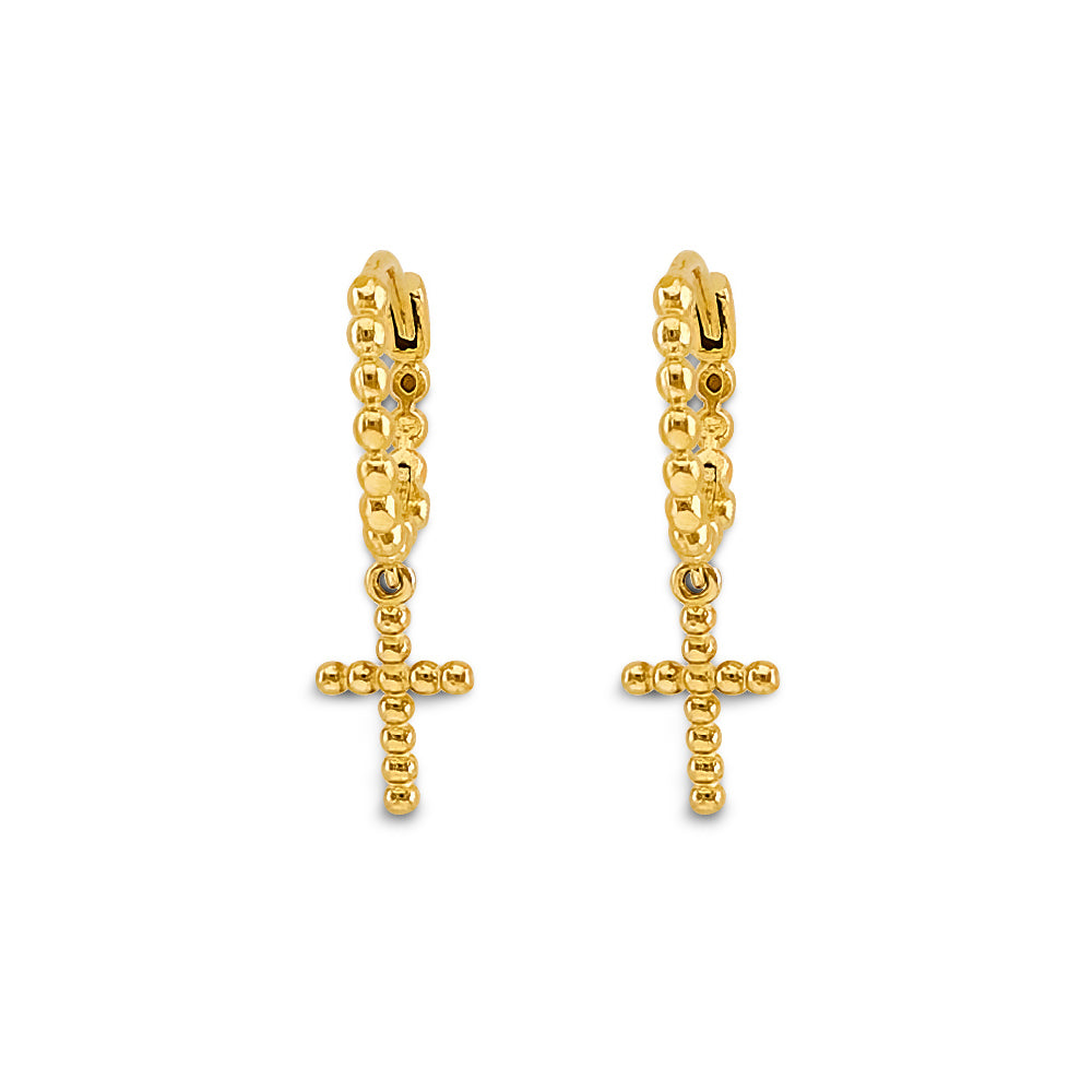 14K Yellow Gold Beaded Cross Dangle Earrings 3/4" tall