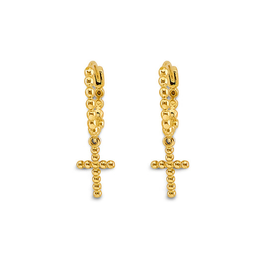 14K Yellow Gold Beaded Cross Dangle Earrings 3/4" tall
