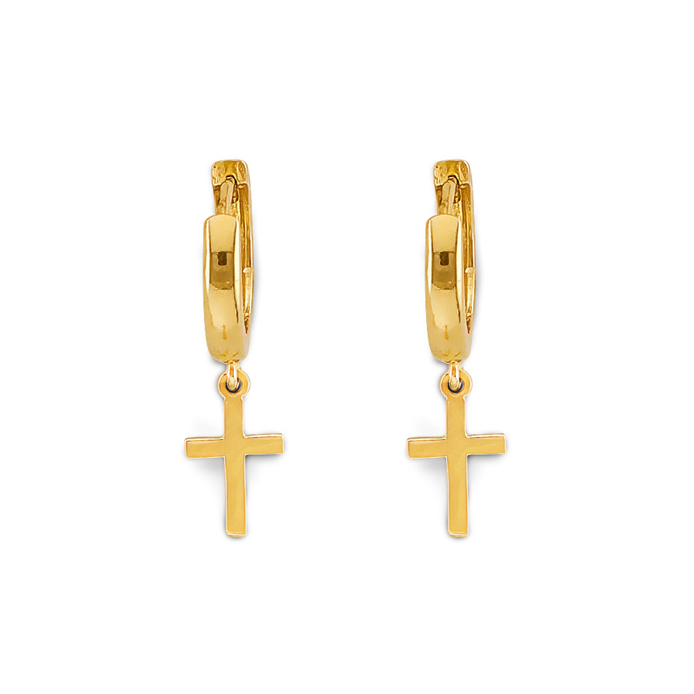 14K Yellow Gold Plain Cross Dangle Earrings 3/4" tall